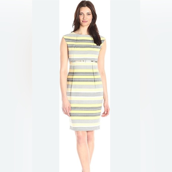 CALVIN KLEIN Belted Sheath Dress Butter Yellow Office Career Size 12 Stretch - Picture 1 of 12
